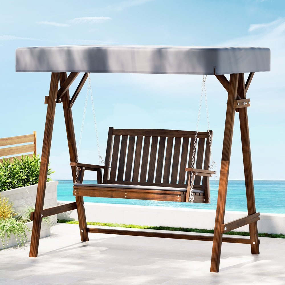 Gardeon 2-Seater Wooden Swing Chair Charcoal Canopy Cushion