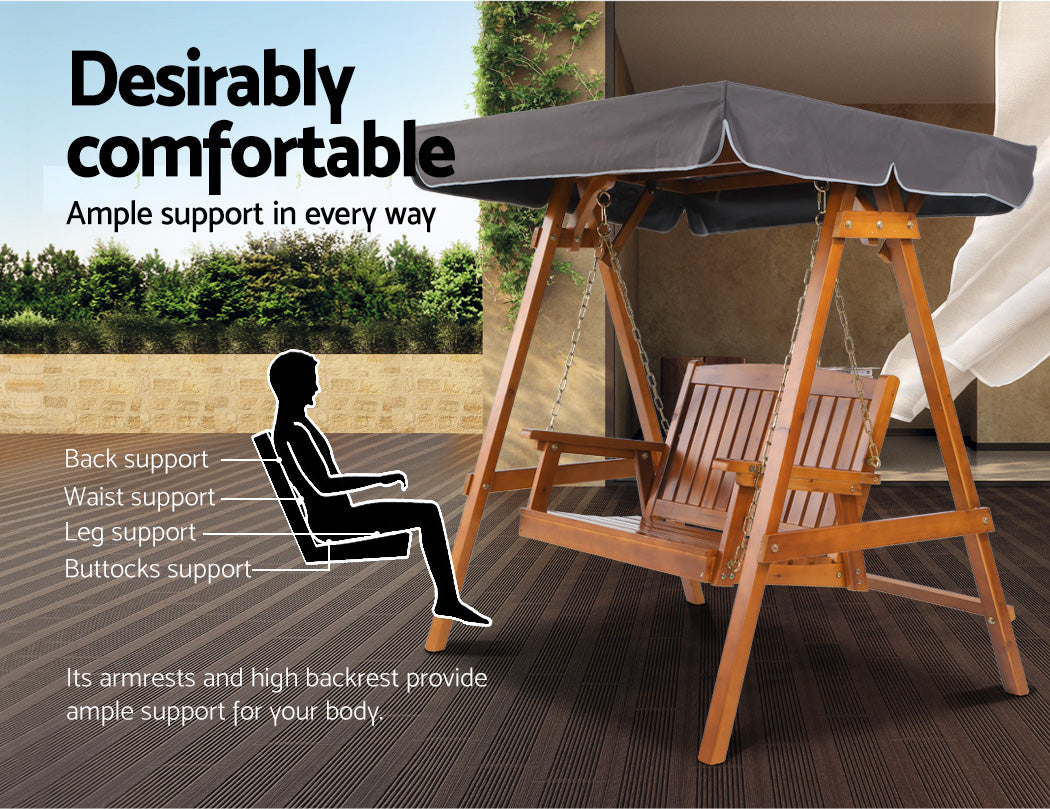 Gardeon 2-Seater Wooden Swing Chair Teak Adjustable Canopy