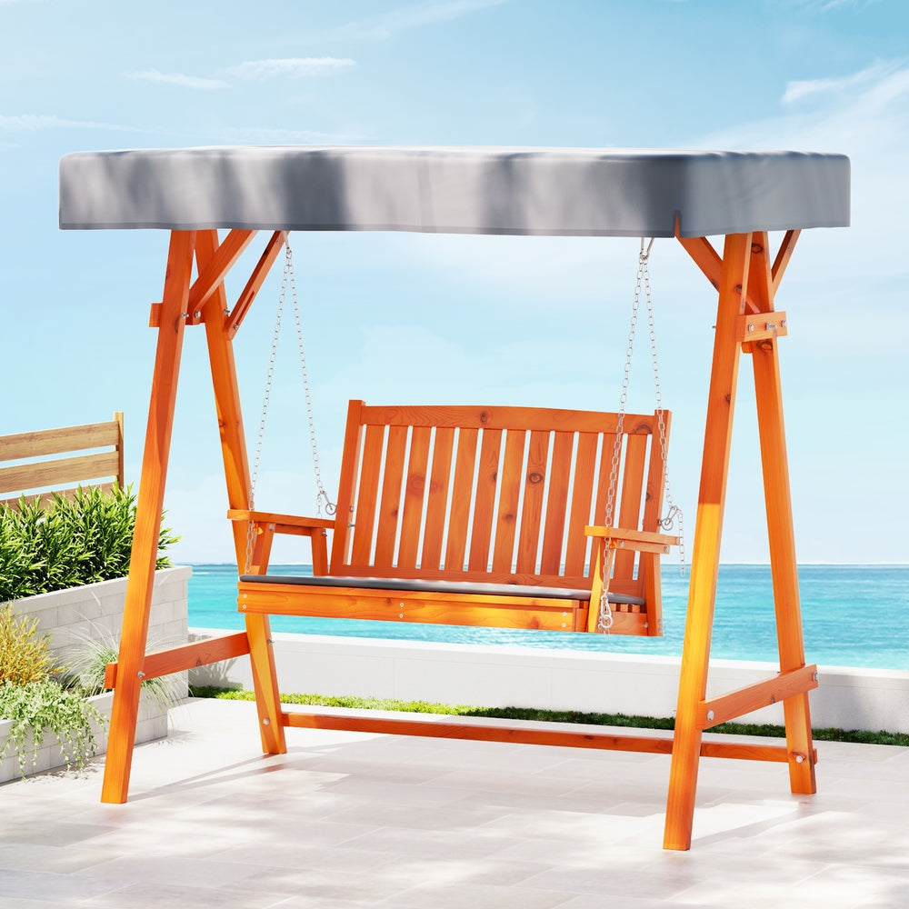 Gardeon 2-Seater Wooden Swing Chair Teak Adjustable Canopy