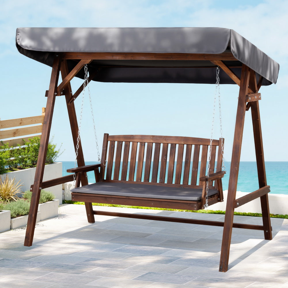 Gardeon Wooden Canopy Swing Chair 3 Seater Garden Bench