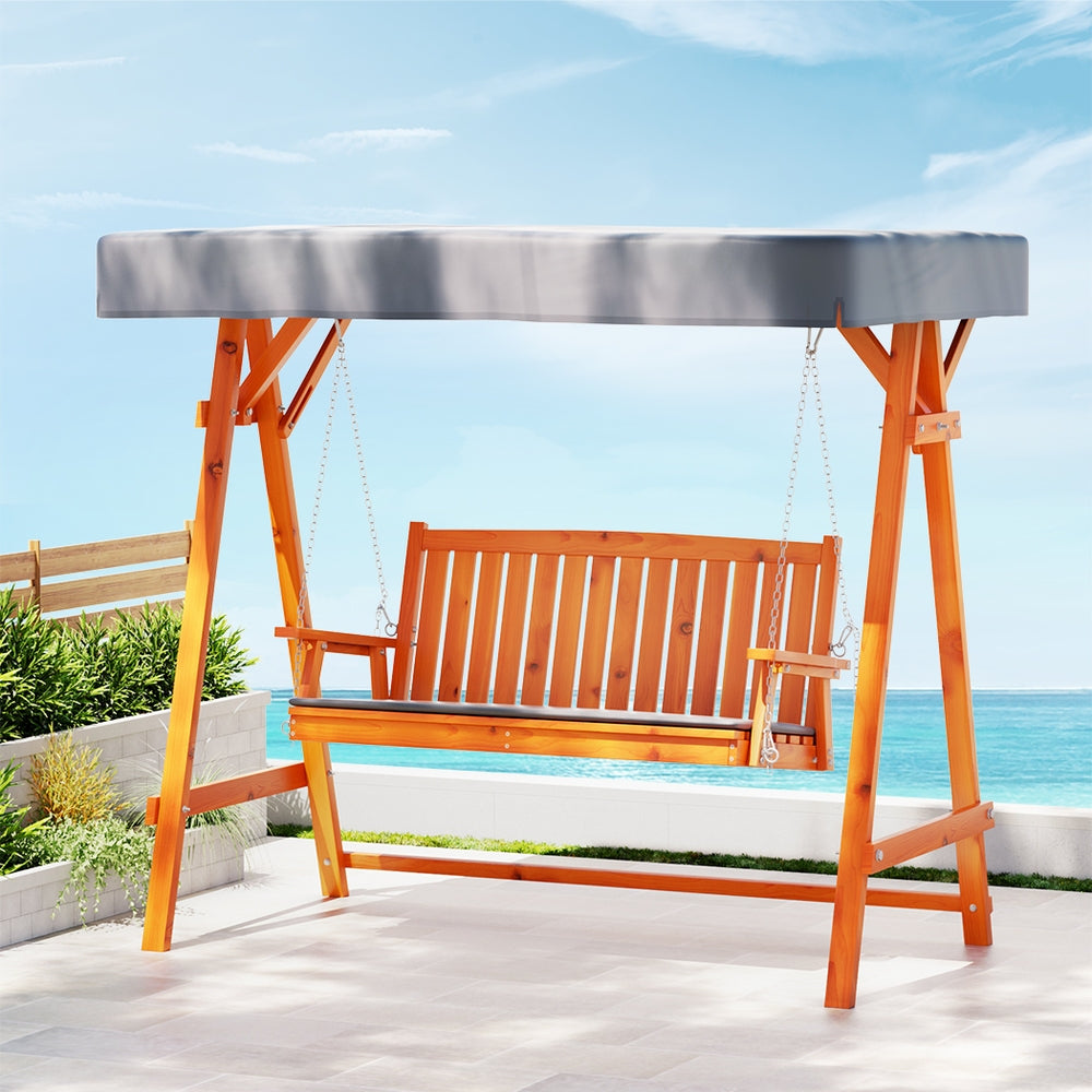 Gardeon 3-Seater Wooden Swing Chair Teak Canopy Cushion