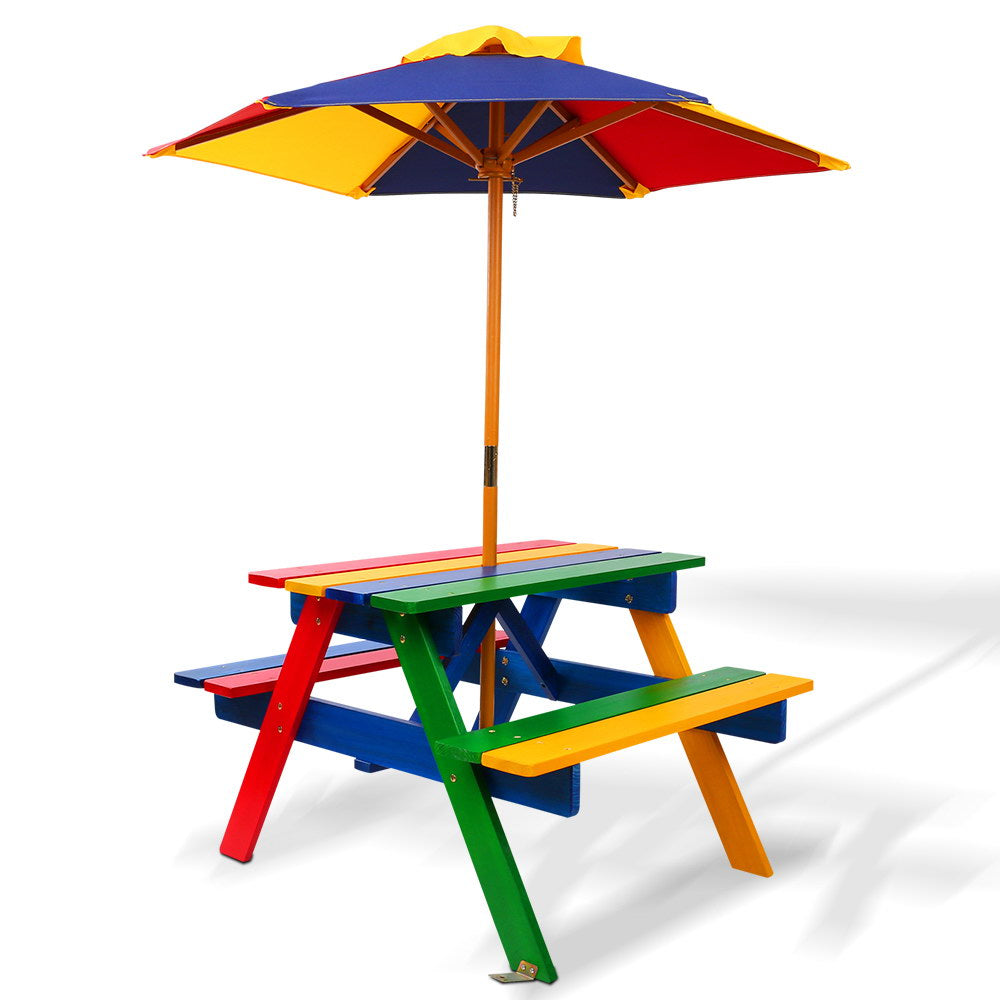 Keezi Kids Wooden Picnic Table Set with Umbrella Multicoloured