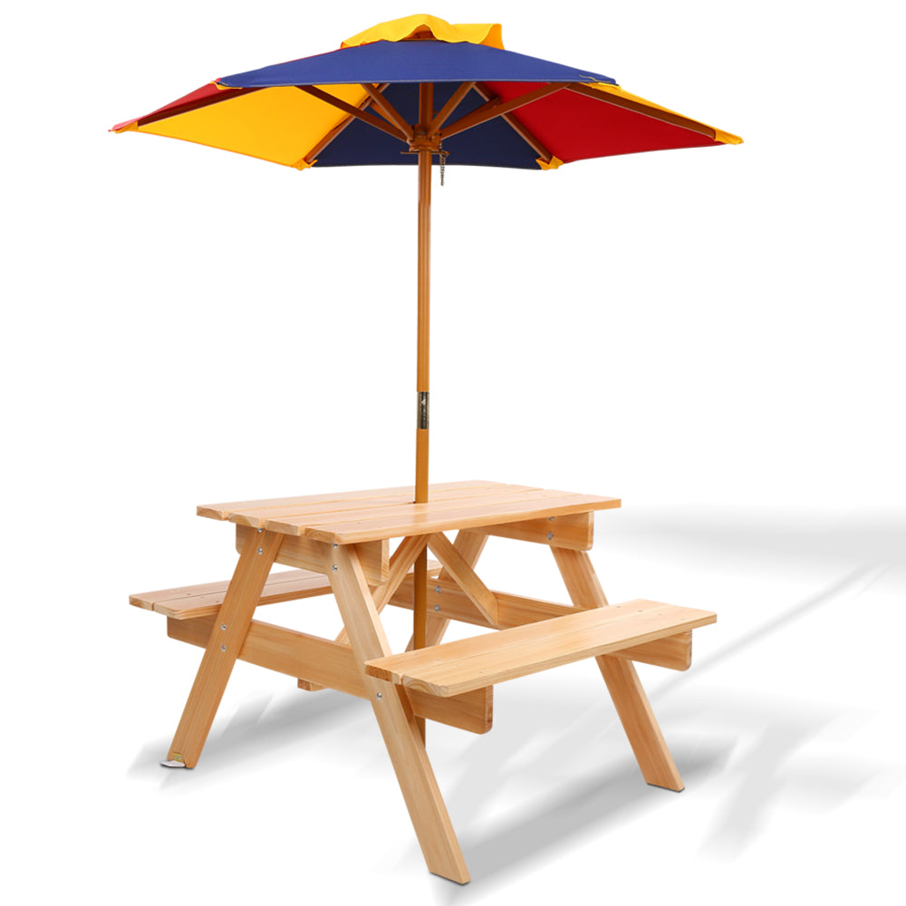 Keezi Kids Wooden Picnic Table Set with Umbrella Natural Wood