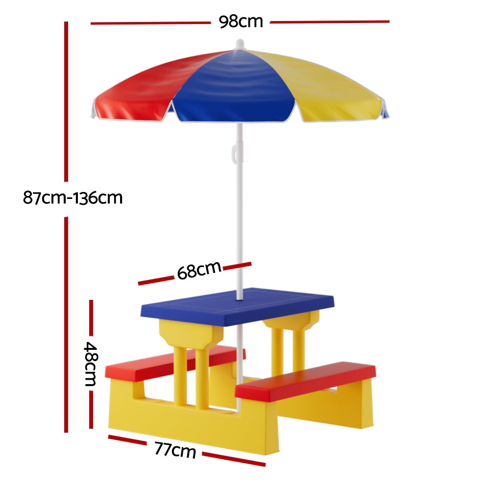 Keezi Kids Picnic Table and Chairs Set with Adjustable Umbrella Multicoloured