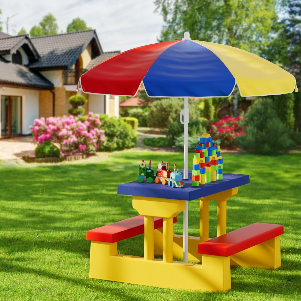 Keezi Kids Picnic Table and Chairs Set with Adjustable Umbrella Multicoloured