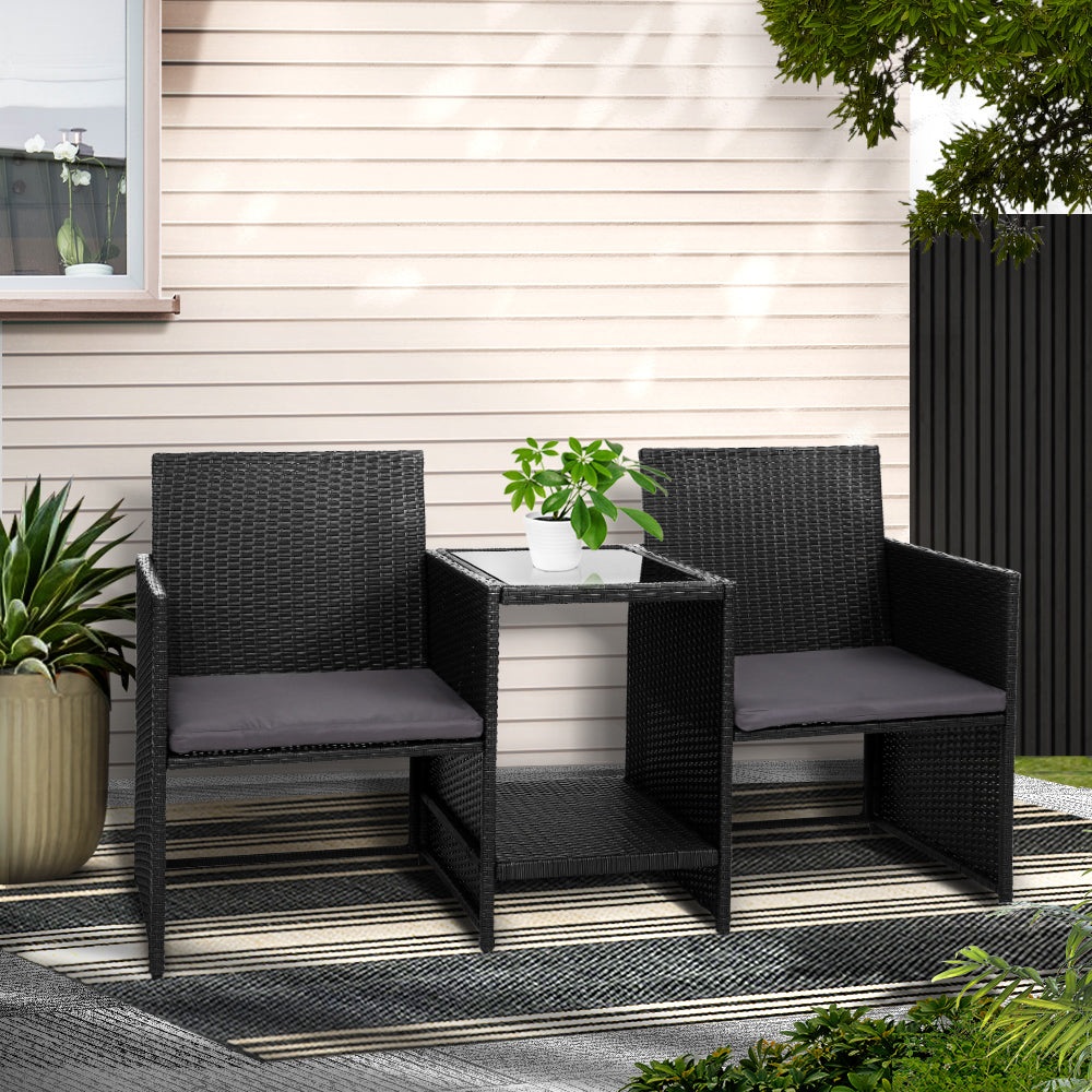 Gardeon Black Wicker Loveseat Bistro Set Outdoor Patio Furniture