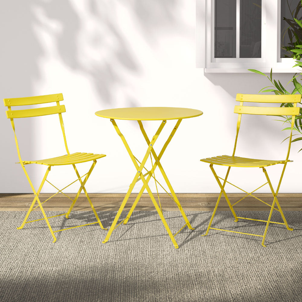 Gardeon 3PC Outdoor Bistro Set Steel Table Chairs Yellow