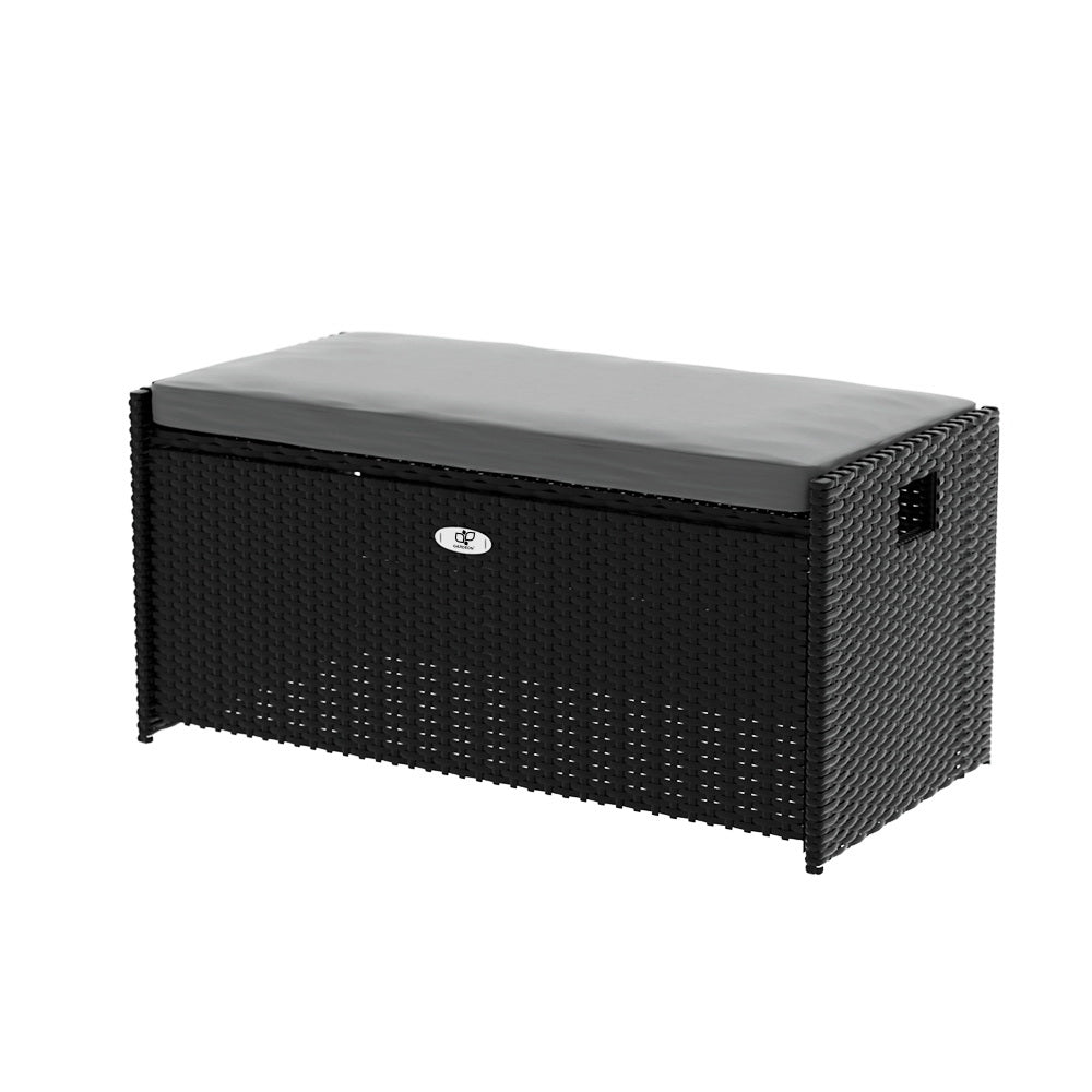 Gardeon Wicker Outdoor Storage Bench 102L with Cushion Black