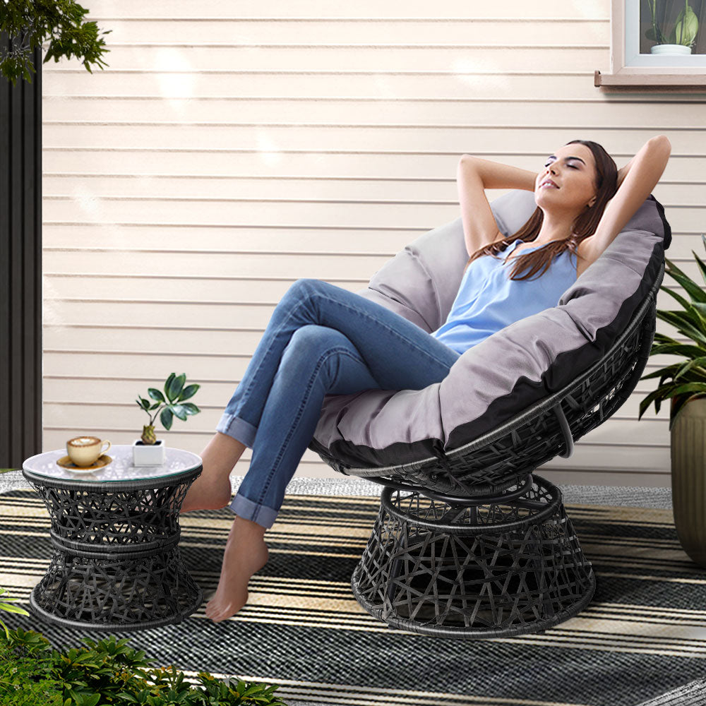 Gardeon Outdoor Papasan Chair and Side Table Set Wicker Black