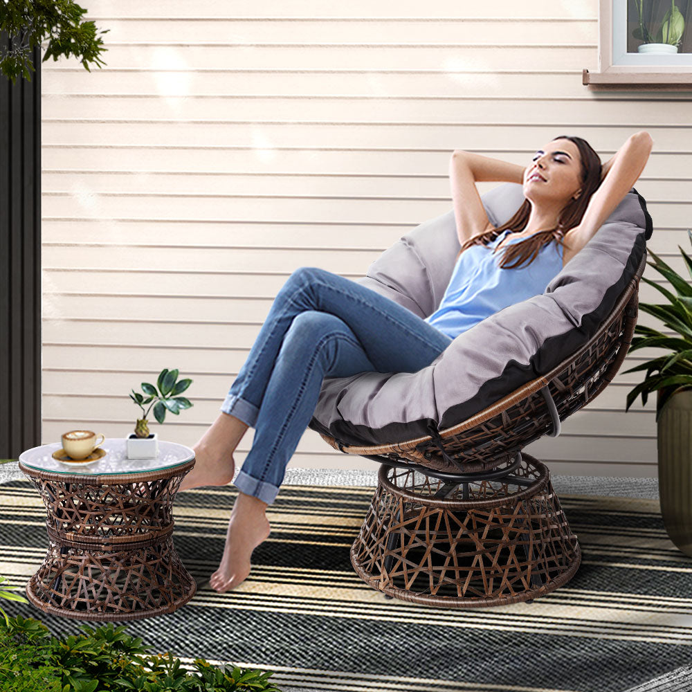 Gardeon Papasan Chair and Side Table Wicker Outdoor Setting Brown