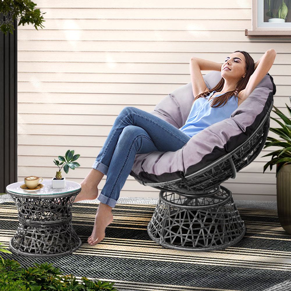 Gardeon Papasan Chair and Side Table Set Outdoor Wicker Grey