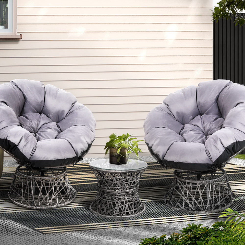 Gardeon Outdoor Wicker Papasan Chair and Side Table Set Grey