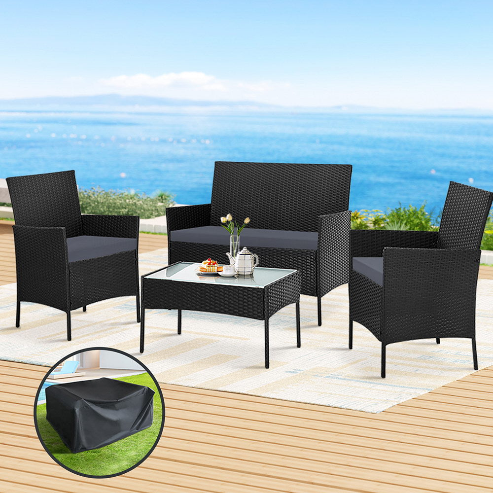 Gardeon 4 Seater Wicker Outdoor Sofa Set with Storage Cover Black
