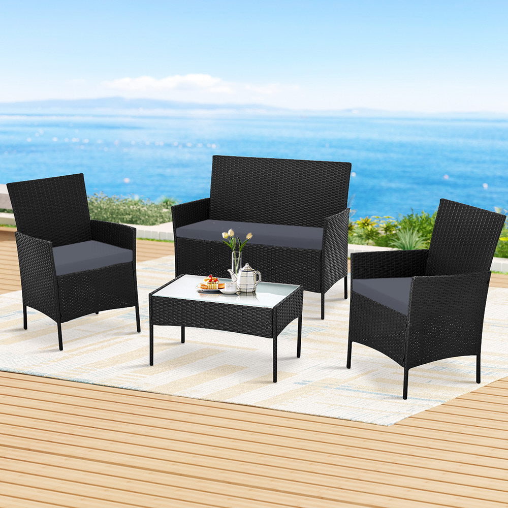 Gardeon 4 Seater Outdoor Wicker Sofa Set with Table Dark Grey