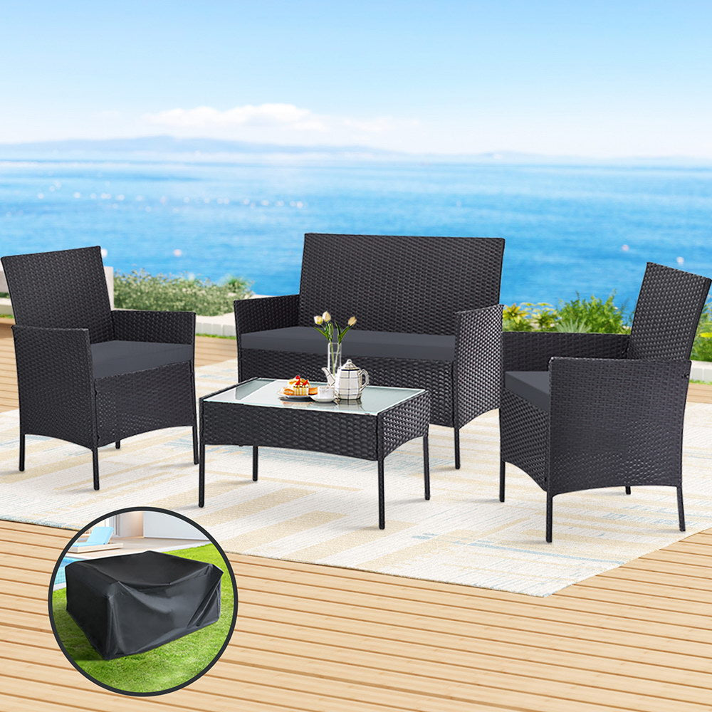 Gardeon 4 Seater Outdoor Wicker Sofa Set with Storage Cover Dark Grey