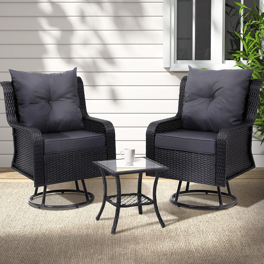 Gardeon 3PC Outdoor Bistro Set Wicker Swivel Chairs Table Black