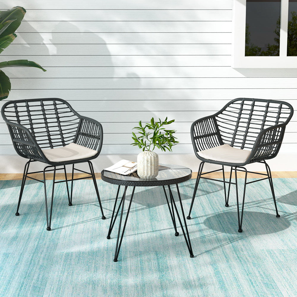 Gardeon 3PC Outdoor Lounge Setting Bistro Set Dark Grey