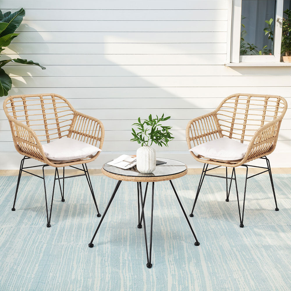 Gardeon 3PC Bistro Set Outdoor Furniture Grey Cushions