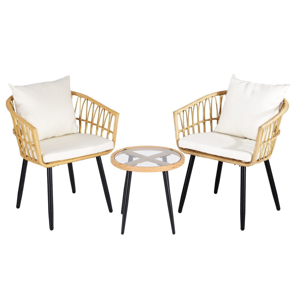 Gardeon 3PC Outdoor Bistro Set Natural Wicker Lounge Setting