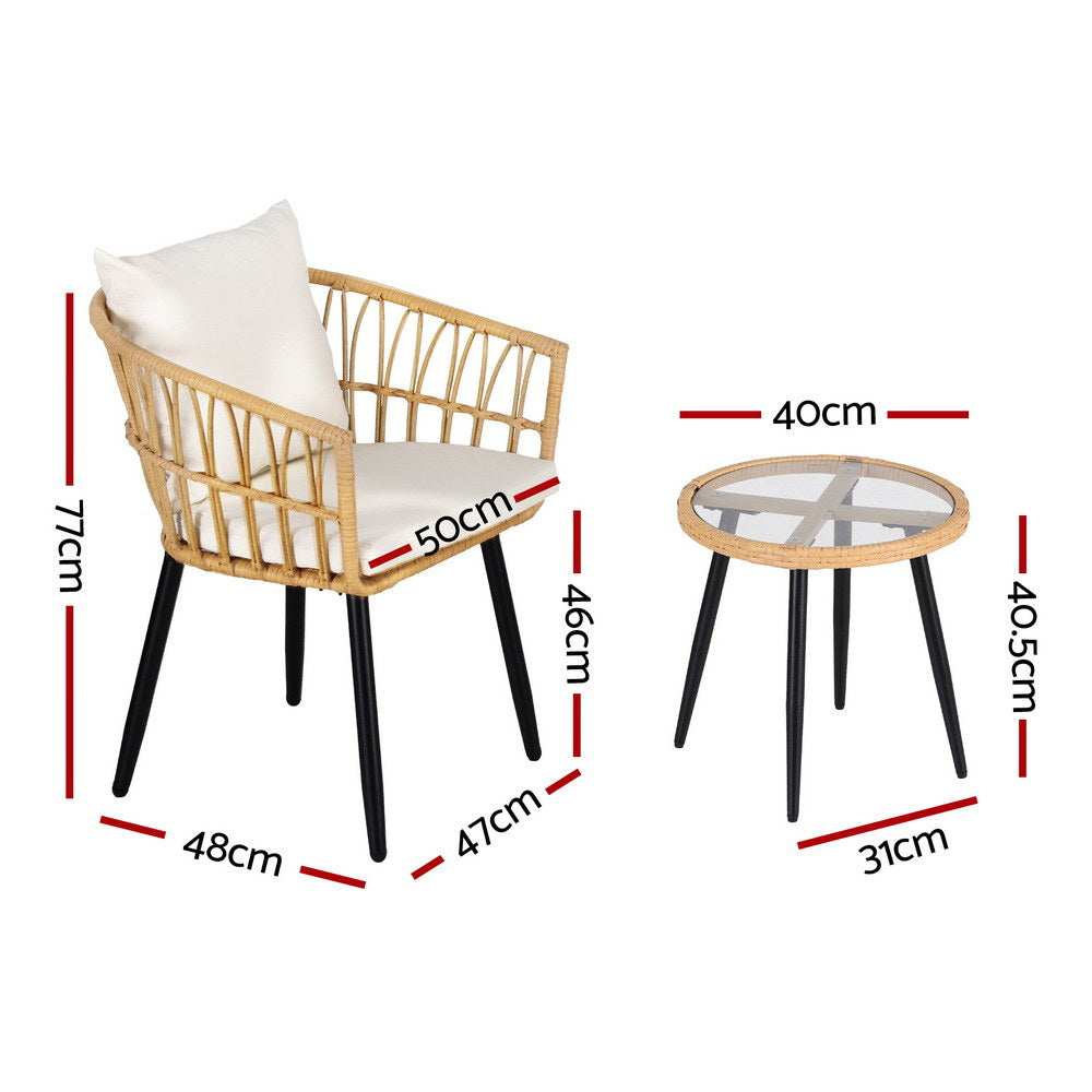 Gardeon 3PC Outdoor Bistro Set Natural Wicker Lounge Setting