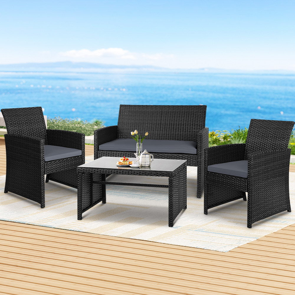 Gardeon 4-Piece Outdoor Sofa Set Rattan Chairs Table Black