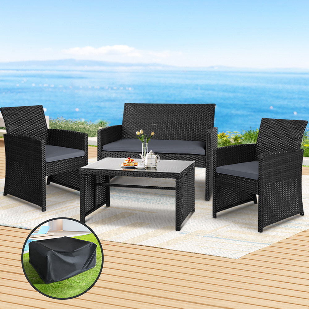 Gardeon 4-Piece Outdoor Sofa Set Rattan Black with Storage Cover