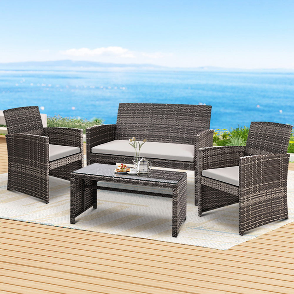 Gardeon 4-Piece Outdoor Sofa Set Rattan Chairs Table Grey