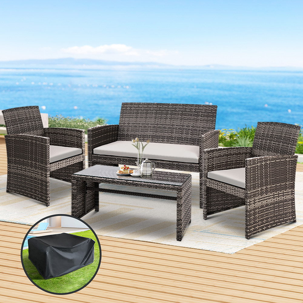 Gardeon 4 Piece Outdoor Rattan Sofa Set with Storage Cover Grey