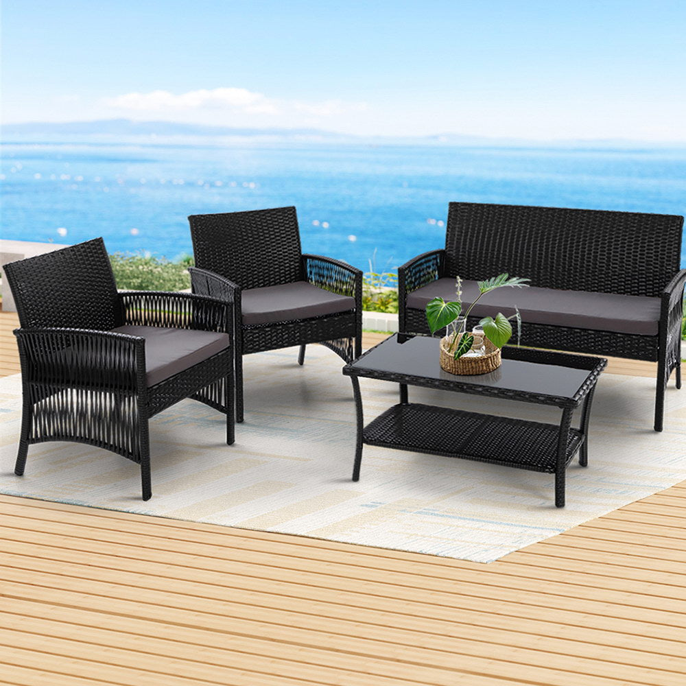 Gardeon 4-Piece Outdoor Sofa Set Wicker Harp Chair Table Black