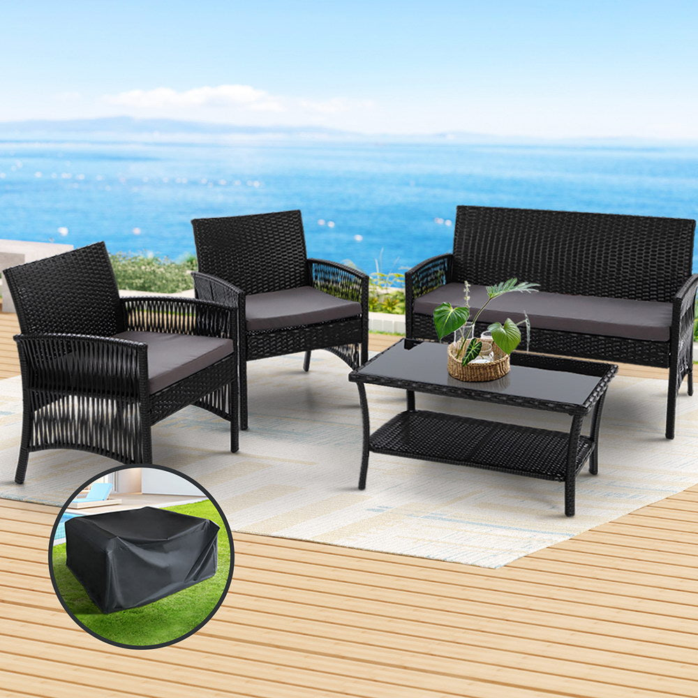 Gardeon 4-Piece Outdoor Sofa Set Wicker Harp Chair Table Black