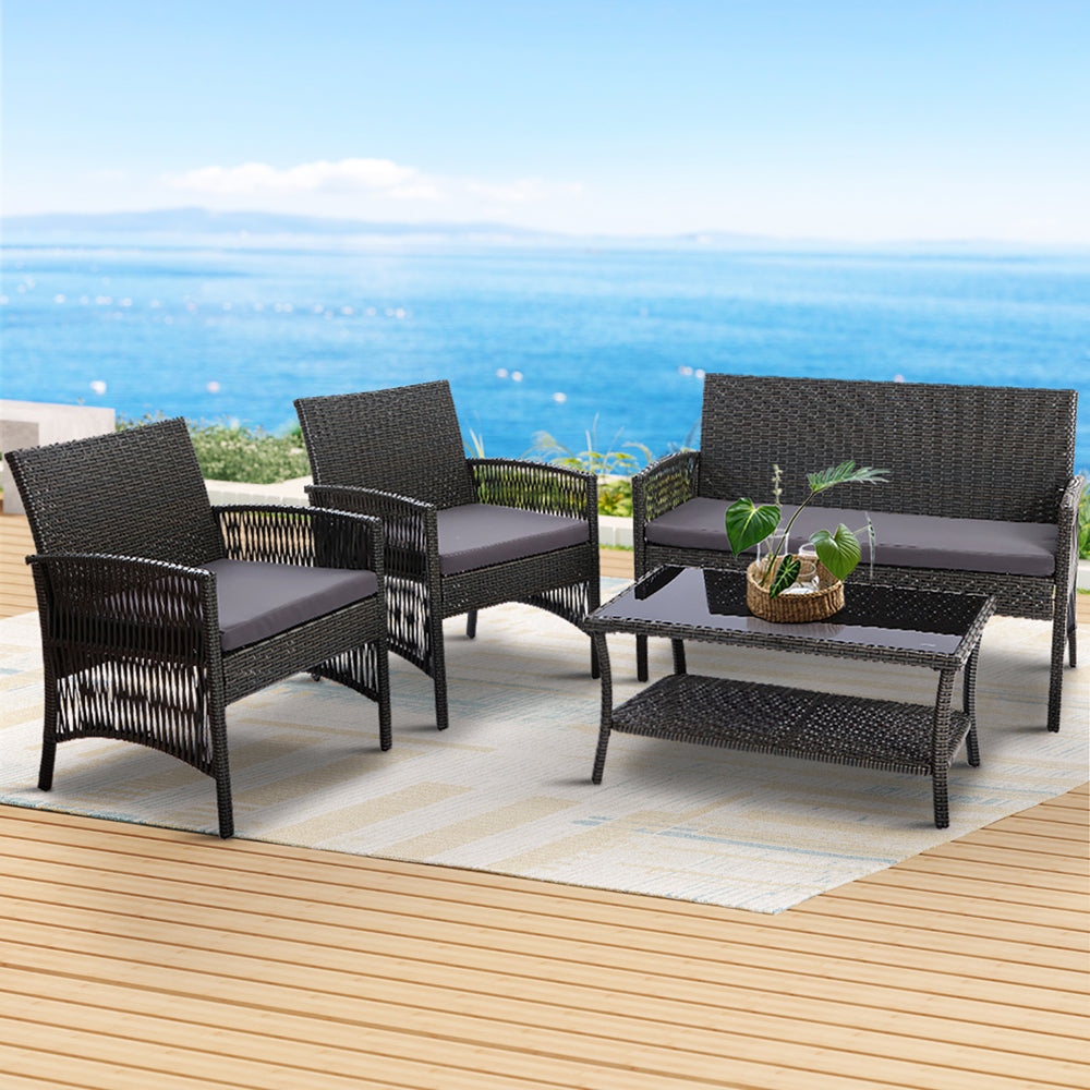 Gardeon 4-Piece Outdoor Sofa Set Wicker Harp Chair Table Grey