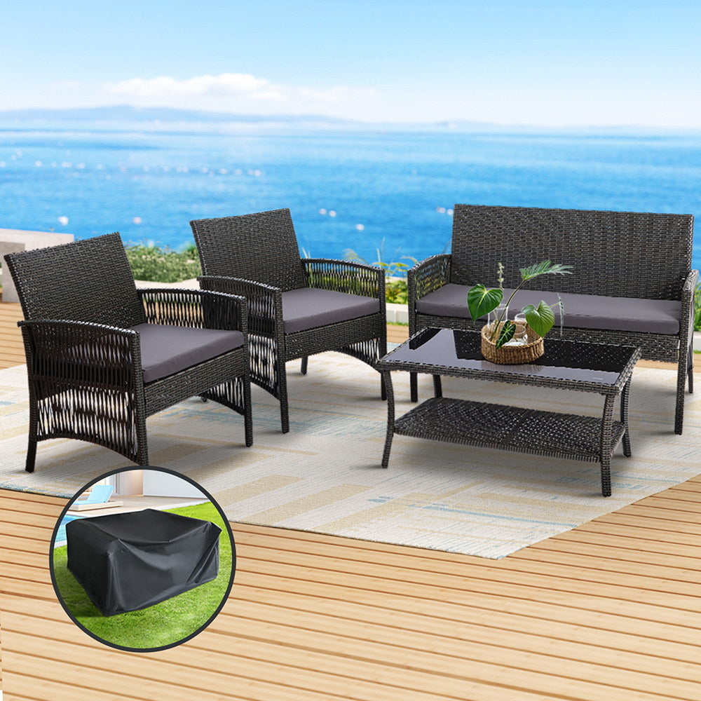 Gardeon 4-Piece Outdoor Sofa Set Wicker Harp Chair Table Grey