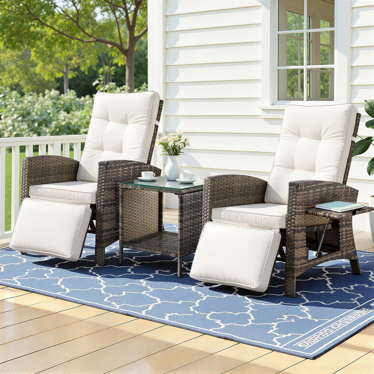 Gardeon 3 Piece Outdoor Wicker Recliner Chair Set with Side Table