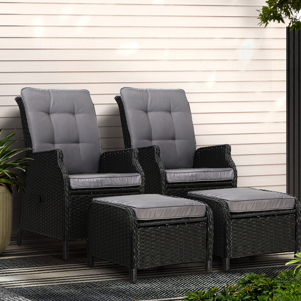 Gardeon 2PC Outdoor Recliner Chair Set Wicker Adjustable Black