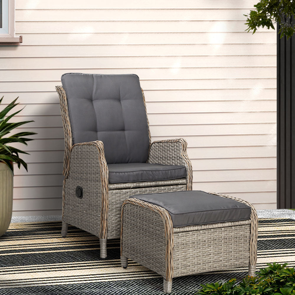 Gardeon Outdoor Wicker Recliner Chair with Ottoman Grey