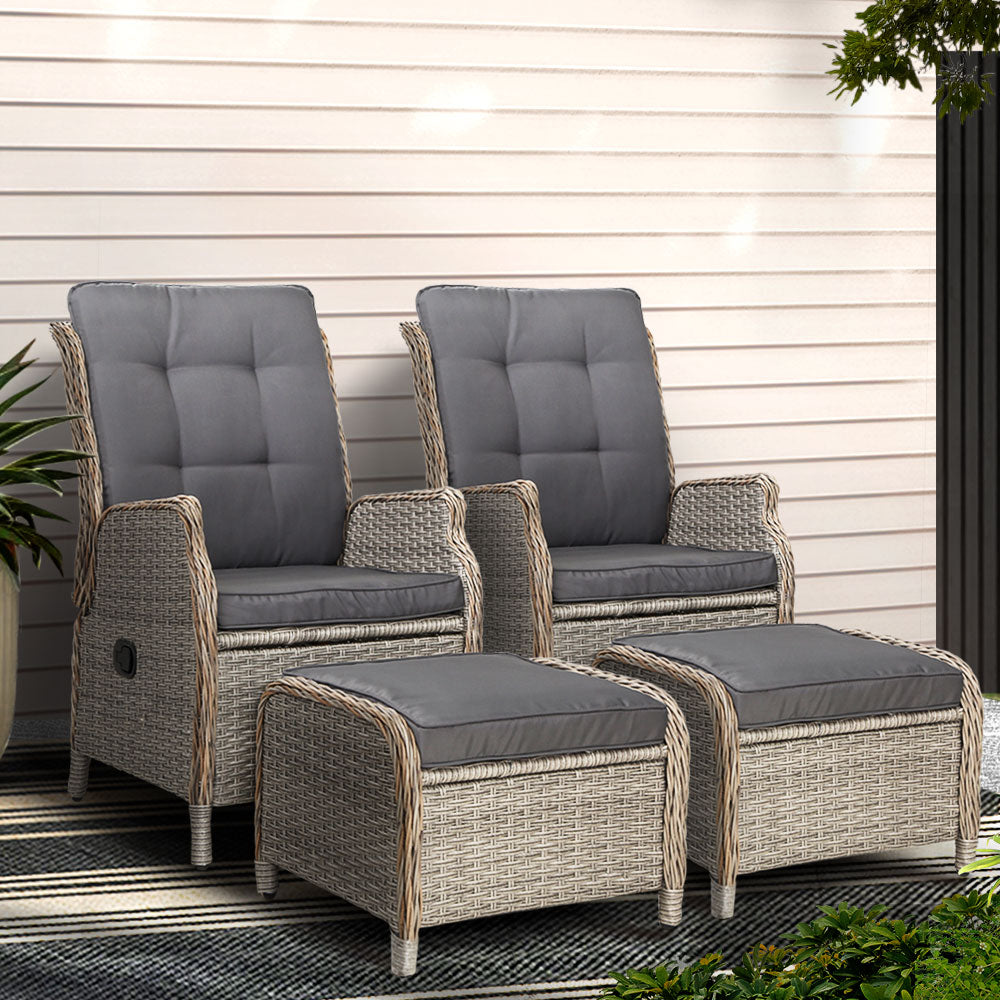 Gardeon 2PC Wicker Recliner Chair Set with Ottoman Grey