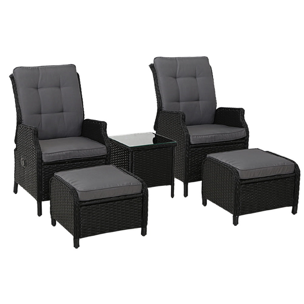 Gardeon 5PC Wicker Outdoor Recliner Chair Set with Table Black
