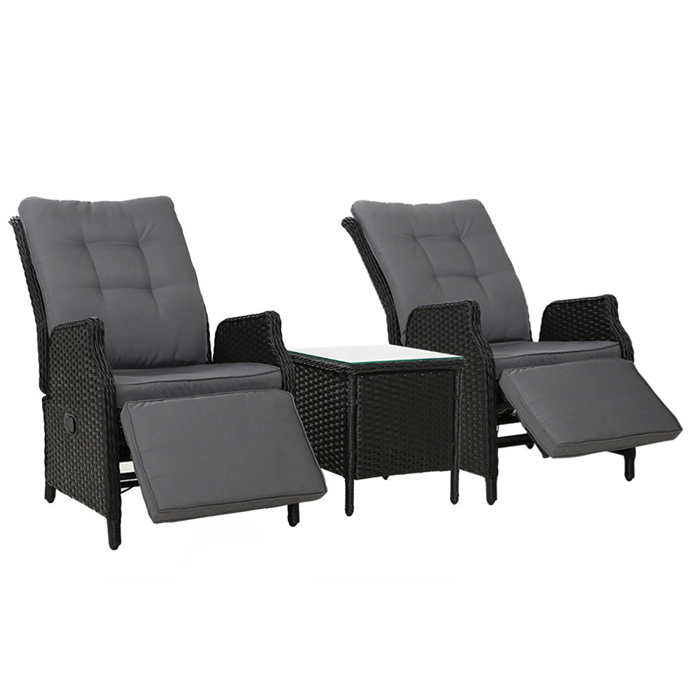Gardeon 3PC Wicker Sun Lounge Recliner Chair Set with Table Black