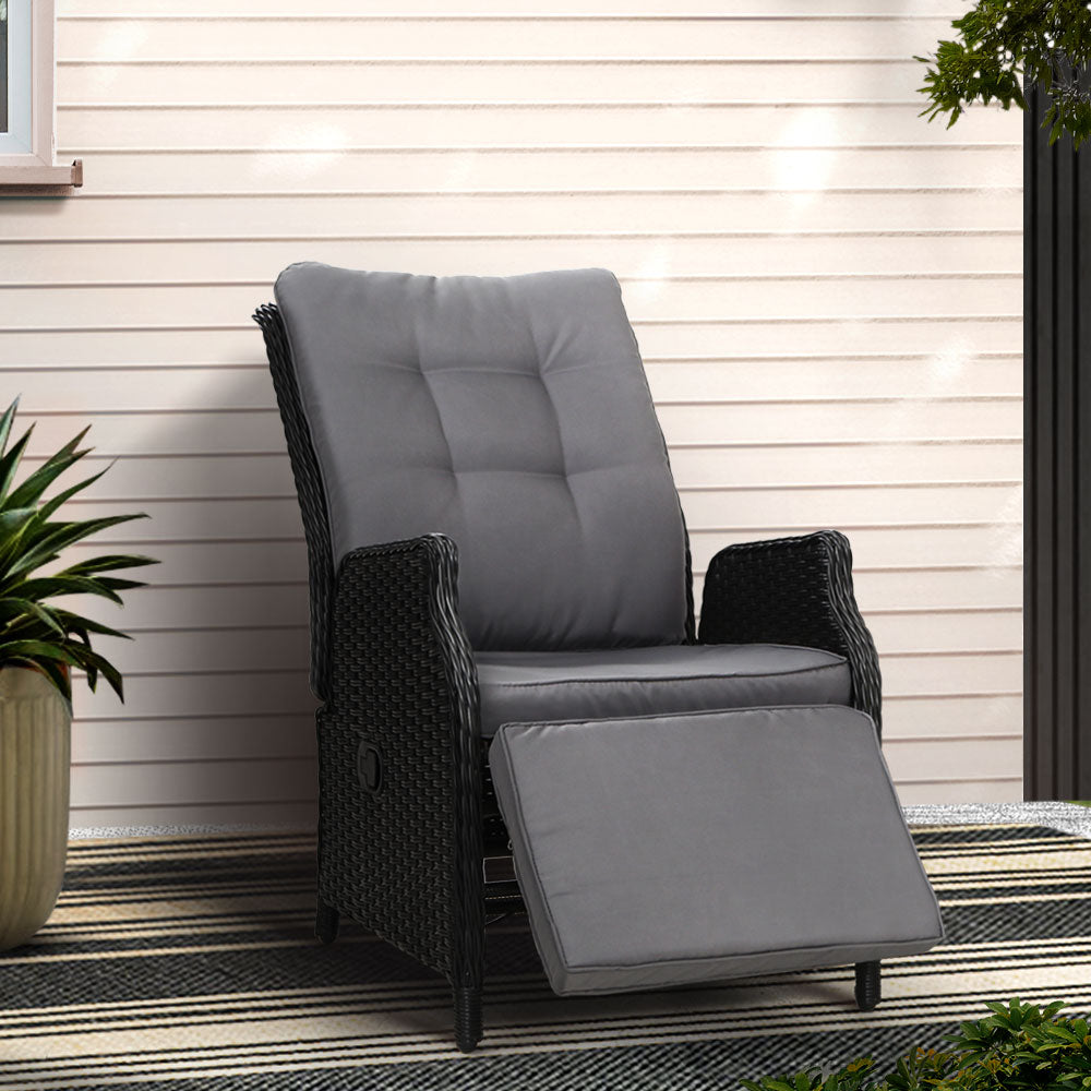 Gardeon Wicker Outdoor Recliner Chair Sun Lounger Adjustable Black