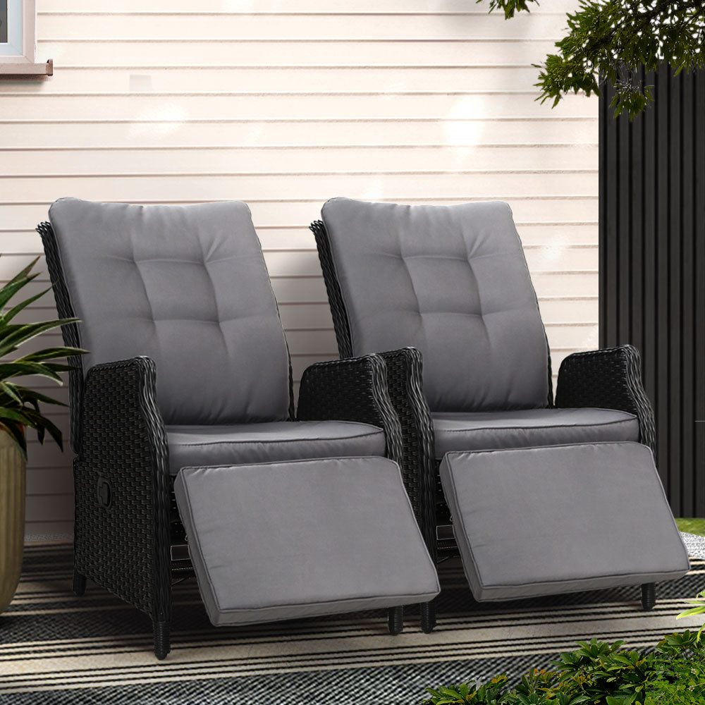 Gardeon 2PC Wicker Recliner Chair Set Sun Lounger Adjustable Black