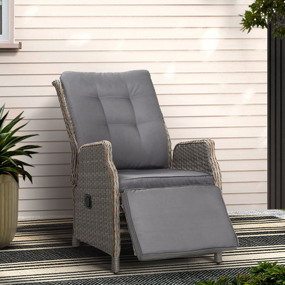 Gardeon Adjustable Wicker Recliner Chair Grey Outdoor Furniture