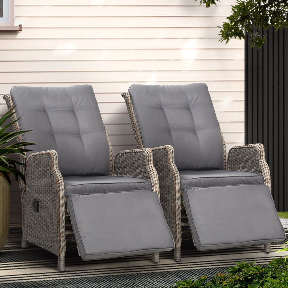 Gardeon 2PC Outdoor Recliner Chairs Wicker Adjustable Grey