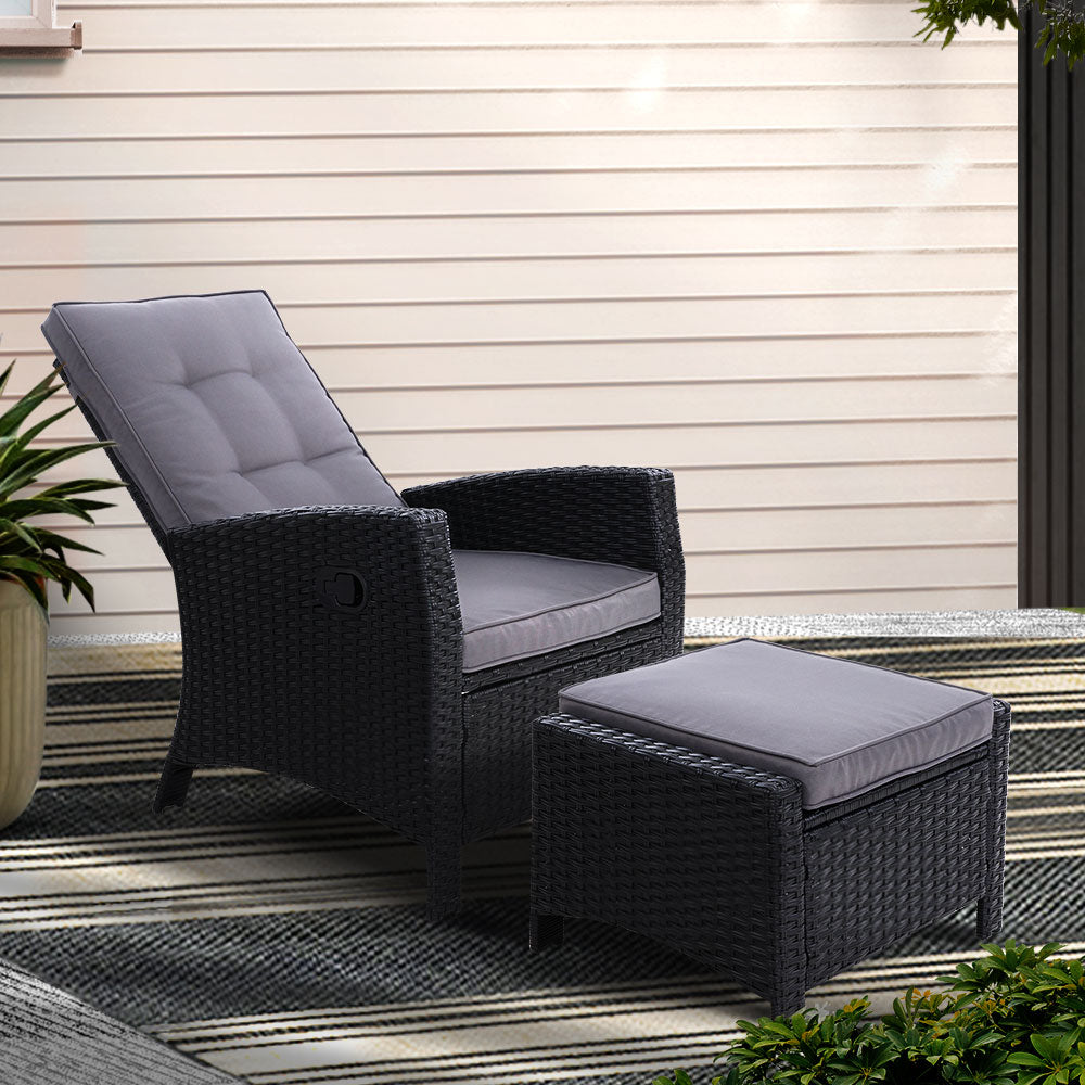Gardeon Outdoor Wicker Recliner Chair and Ottoman Set Black