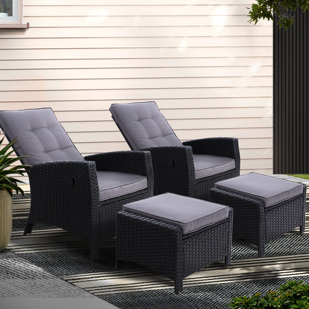 Gardeon 2PC Wicker Outdoor Recliner Chair and Ottoman Set Black