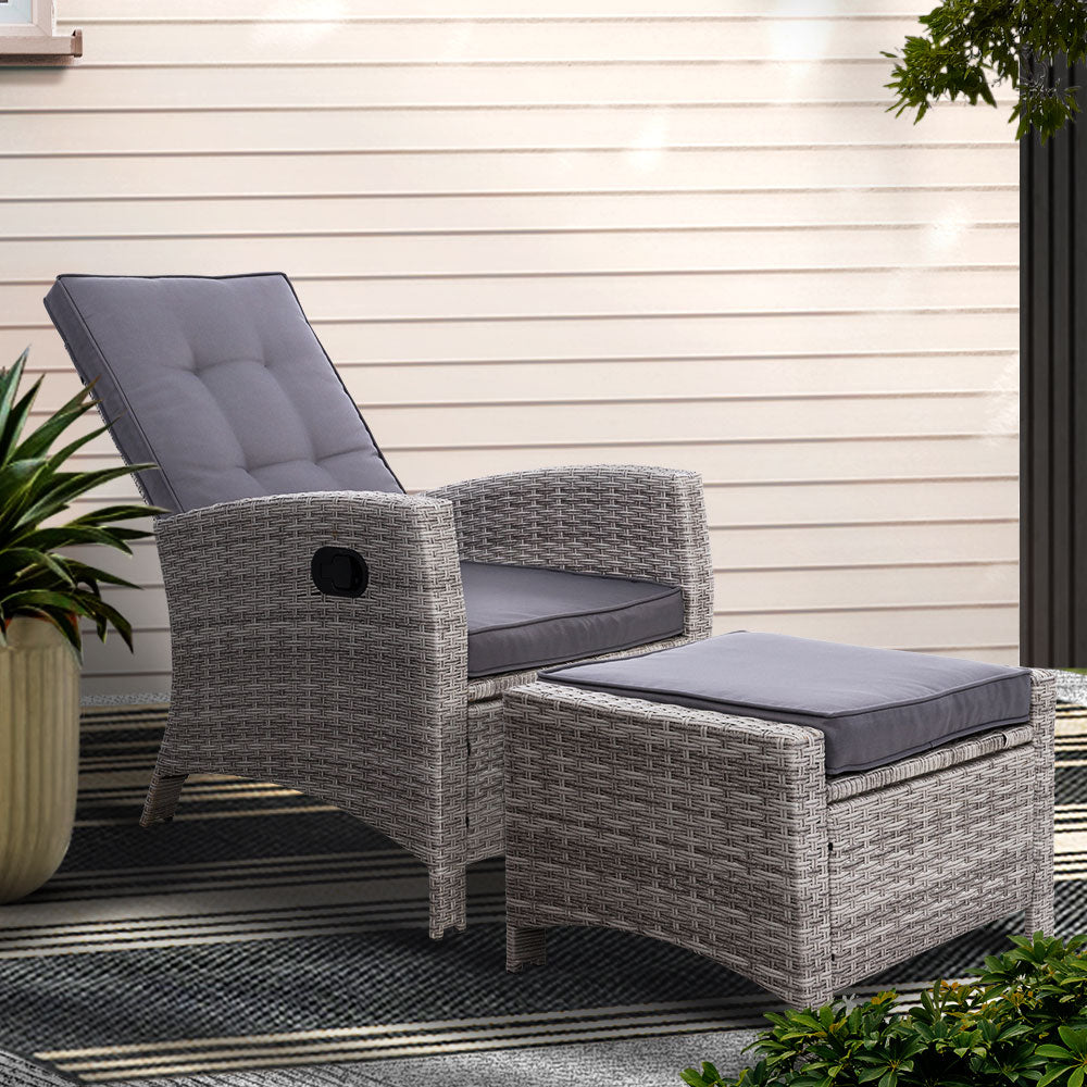 Gardeon Outdoor Wicker Recliner Chair Set with Ottoman Grey