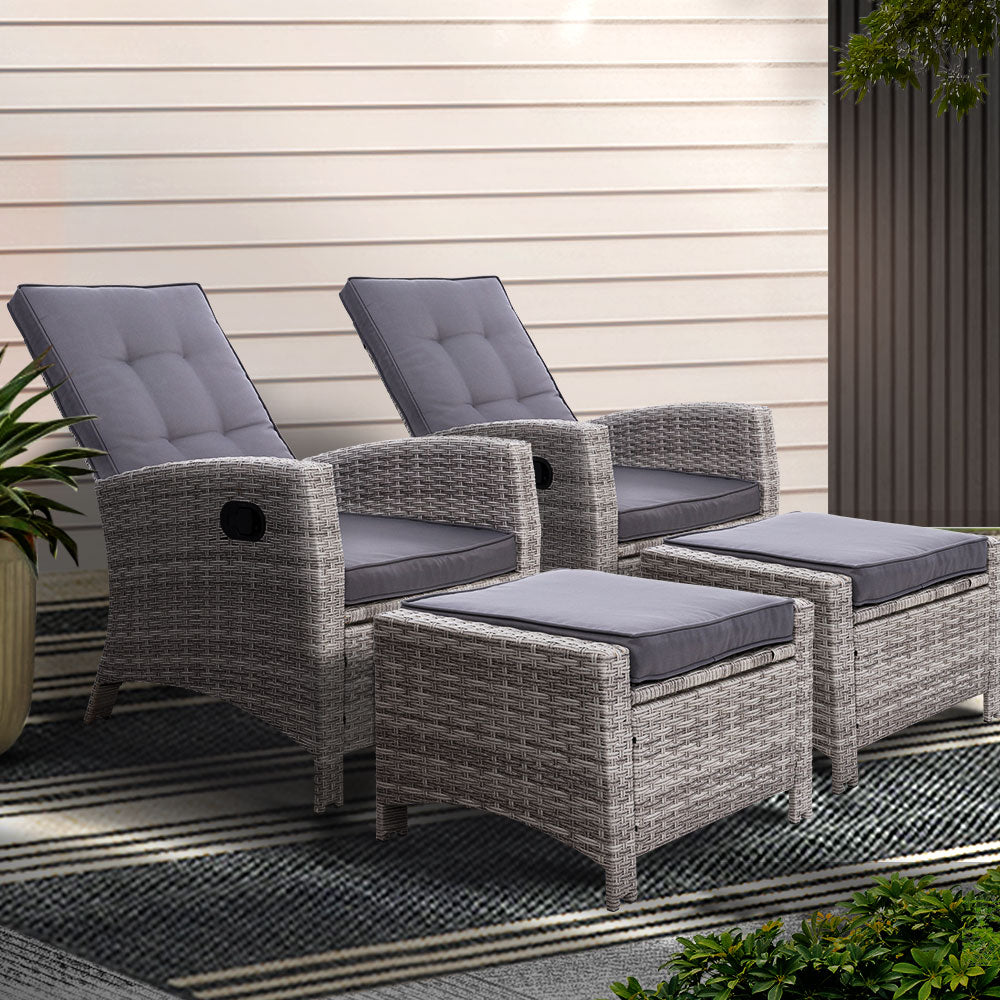 Gardeon 2PC Outdoor Recliner Chairs Wicker Lounger Adjustable Grey
