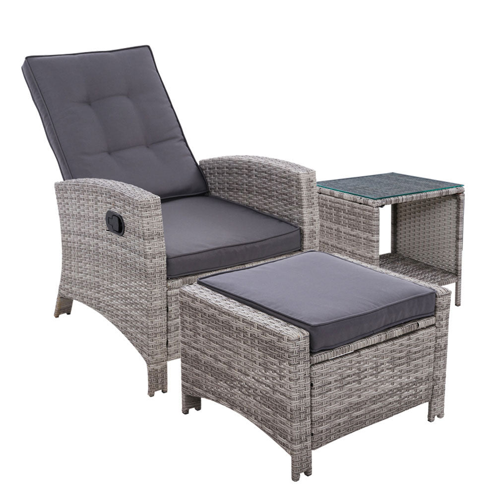 Gardeon 3PC Outdoor Recliner Set Wicker Adjustable Grey