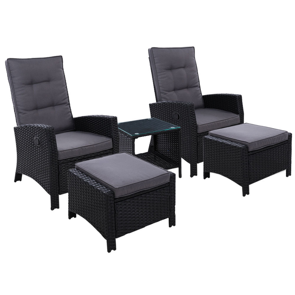 Gardeon 5PC Outdoor Recliner Set Wicker Adjustable Black
