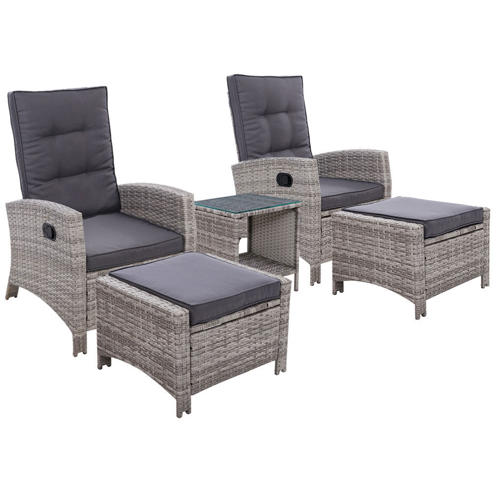 Gardeon 5PC Outdoor Recliner Set Wicker Adjustable Grey