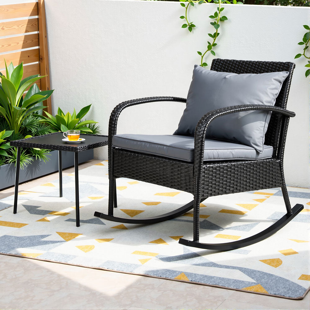 Gardeon Outdoor Rocking Chair Set 2PC Wicker Black